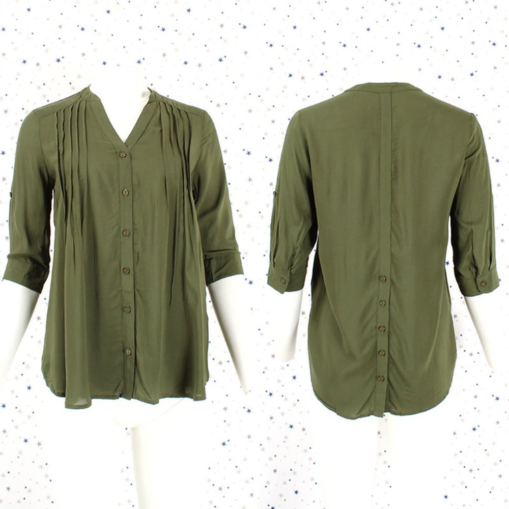 3/4 Sleeve Button Up Blouse Top Olive